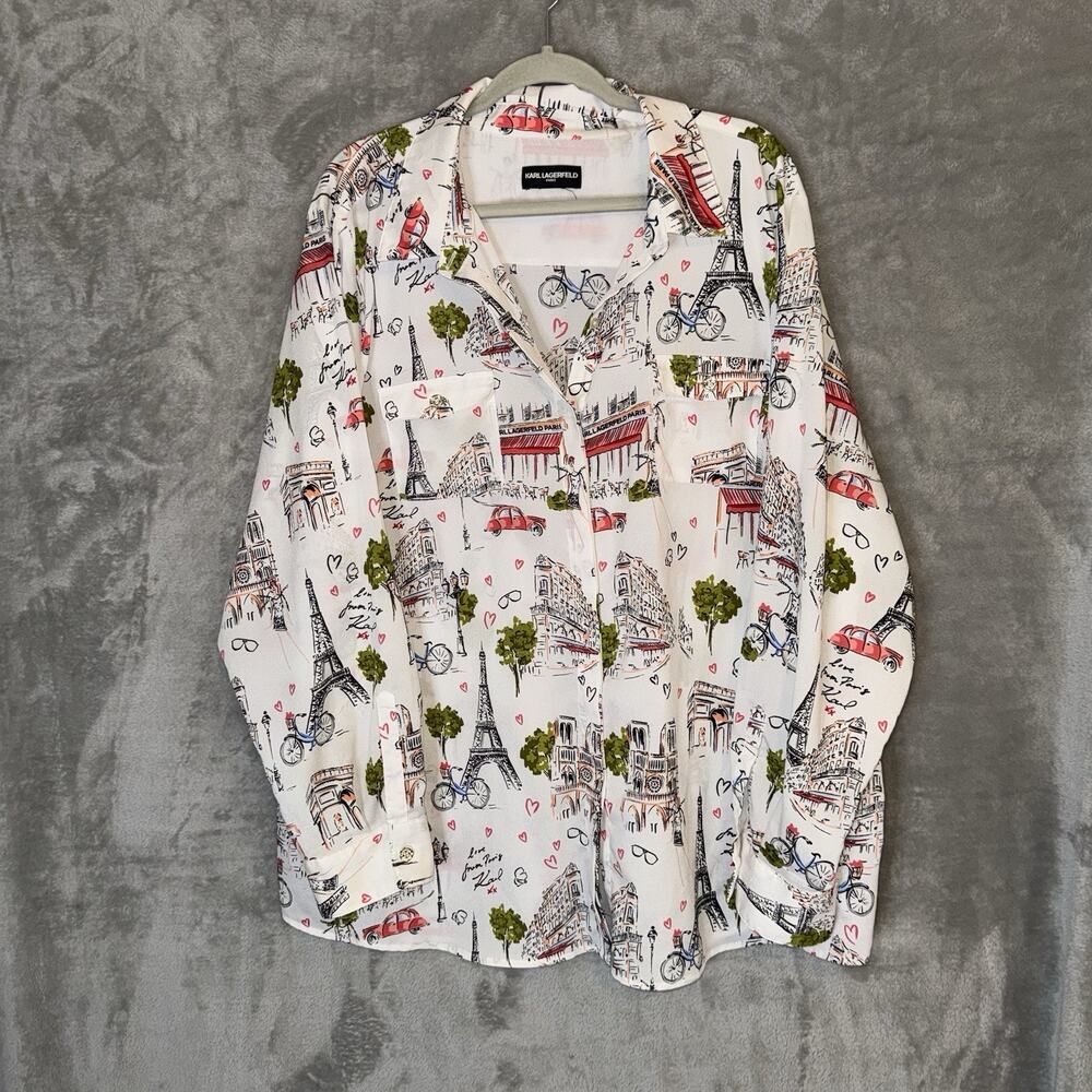 Karl Lagerfeld Paris Love Collared Shirt Womens 3X? White Art France Graphic